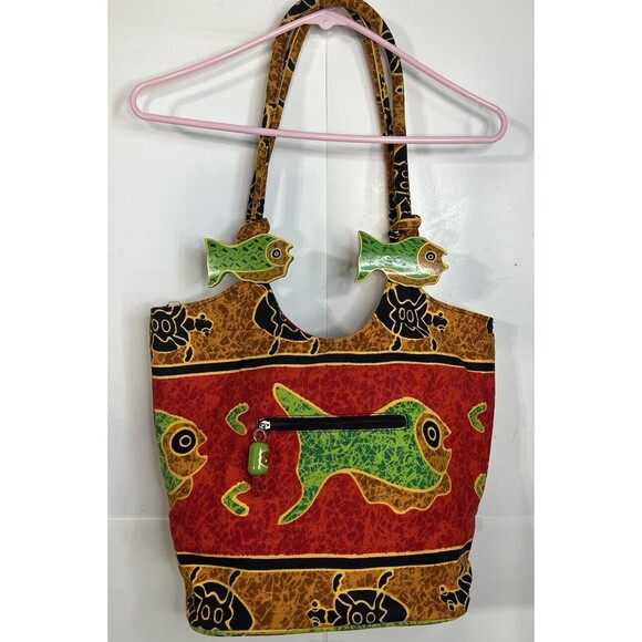 VTG Beach Shoulder Bag Tote Colorful Sea Turtles Crabs Fish Woodland Imports - Picture 1 of 13